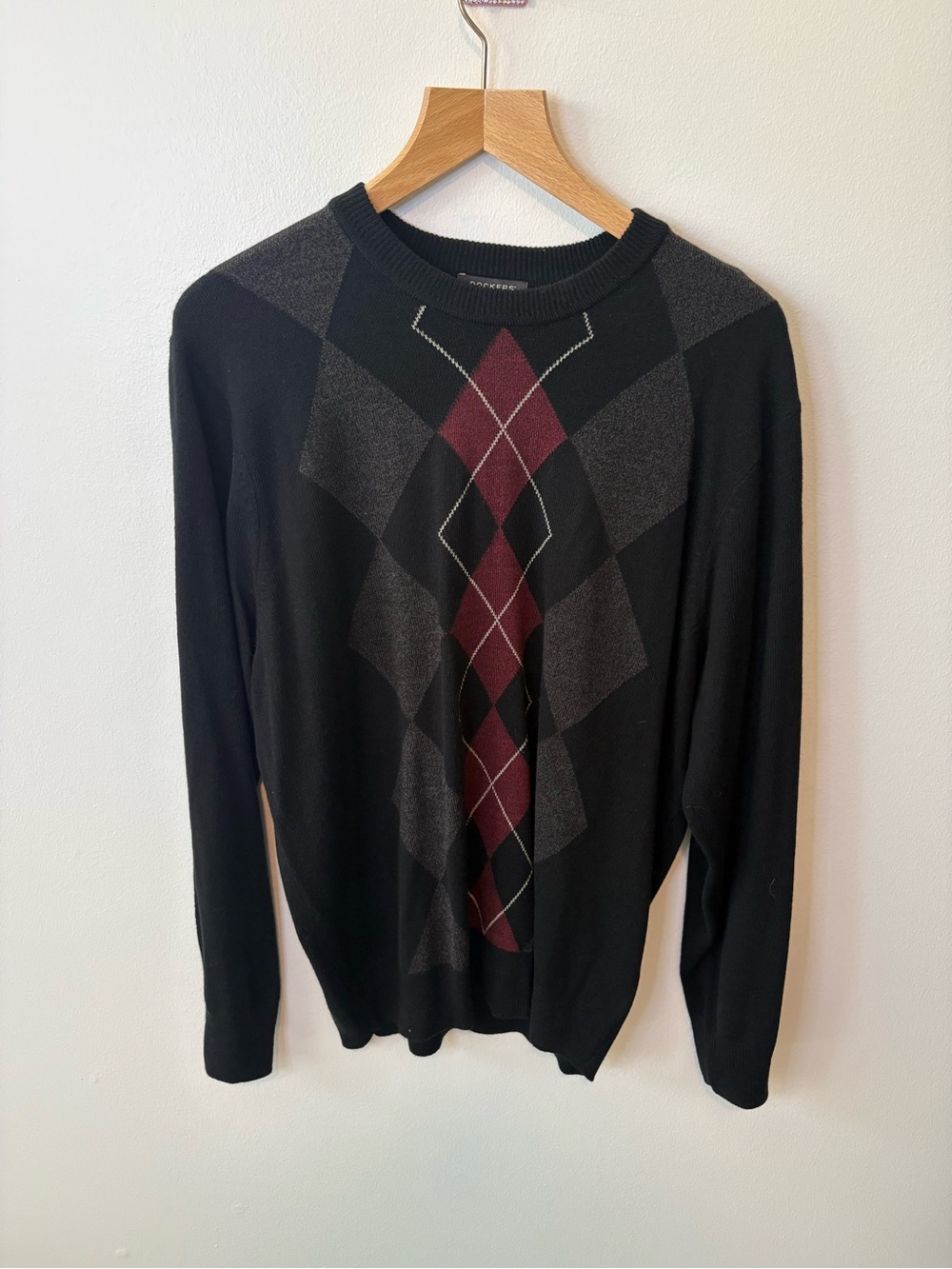 Men’s Black Argyle Crewneck Sweater with Burgundy Accents